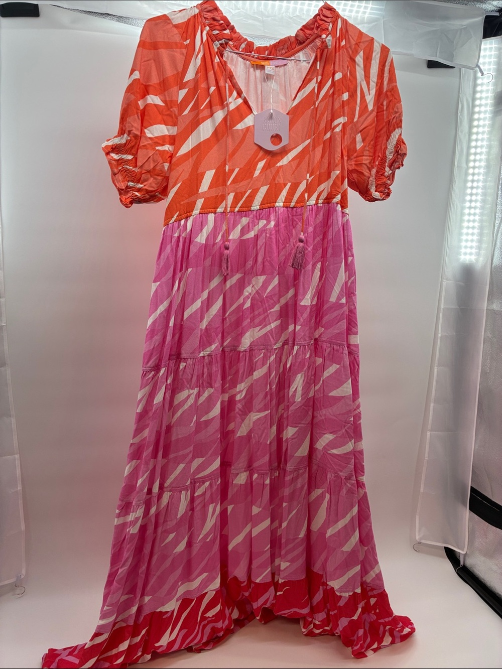 Women’s Colorblock V-Neck Maxi Dress in Coral and Pink